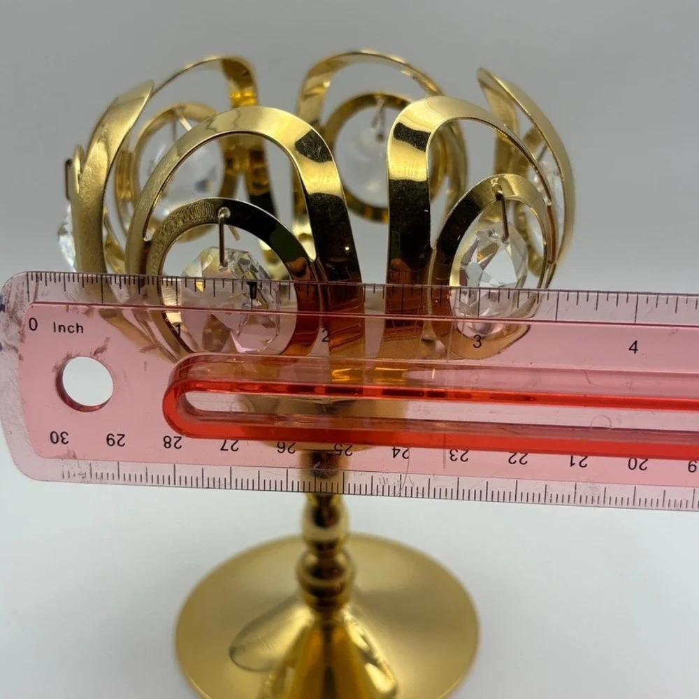 Gold Pedestal Hollywood Glam Tea-light Candle Holder Hanging Faceted Crystals